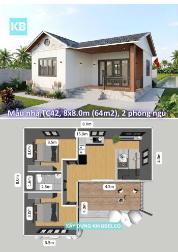 Mẫu TC42 – Nhà panel 8.0x8.m | 2 phòng ngủ, nhà mái thái nhỏ gọn