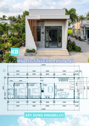 Mẫu TC55 – Nhà panel 5.0mx16.0m | 2 phòng ngủ, nhà truyền thống hiện đại