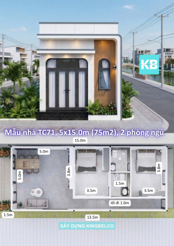 Mẫu TC71-nhà panel 5.0x15.0m | 2 phòng ngủ thiết kế đơn giản hiện đại