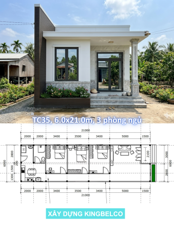 Mẫu TC35 Diện tích 6x21m, 1 phòng khách, 3 phòng ngủ, 1 bếp nấu ăn+1WC
