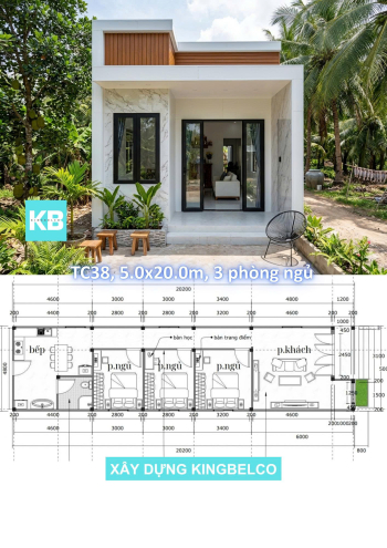 Mẫu TC31 – Nhà panel 5.0mx20.0m | 3 phòng ngủ, nhà hiện đại mặt thụt - mặt lòi