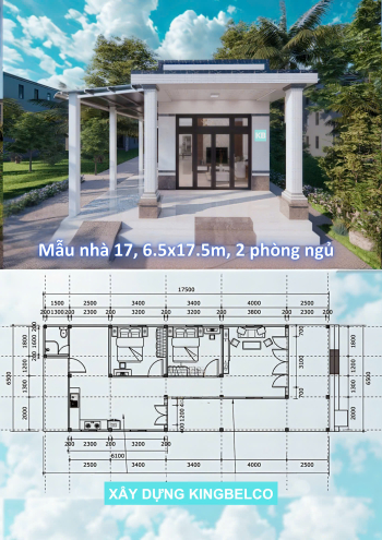 Mẫu nhà 17-chữ L – Nhà panel 6.5x17.5m | 2 phòng ngủ, nhà mái dốc gần gũi 