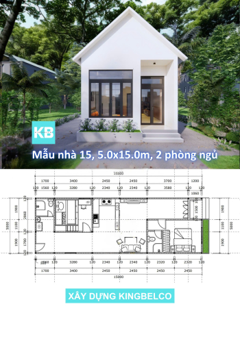 Mẫu TC15, Diện tích 5.0x15.0m | mẫu mái thái gần gũi 2 phòng ngủ 