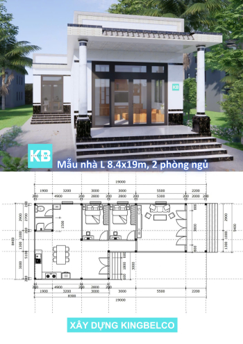 Mẫu TC Chữ L, Diện tích 8.4mx19m, 1 phòng khách, 2 phòng ngủ, 1 bếp+Wc