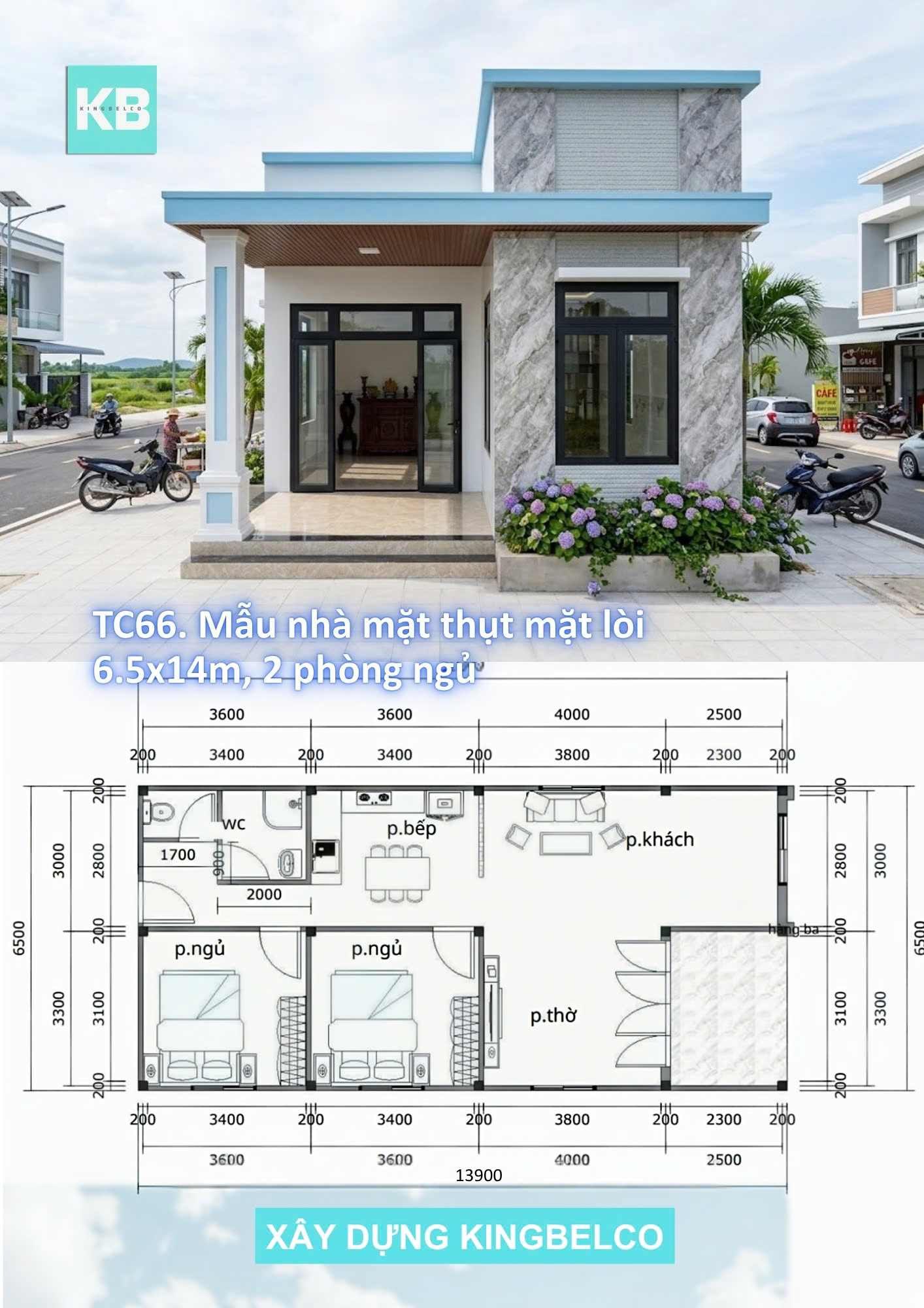 Mẫu TC66– Nhà panel 6.5mx14.0m | 2 phòng ngủ, nhà hiện đại, mặt thục mặt lòi