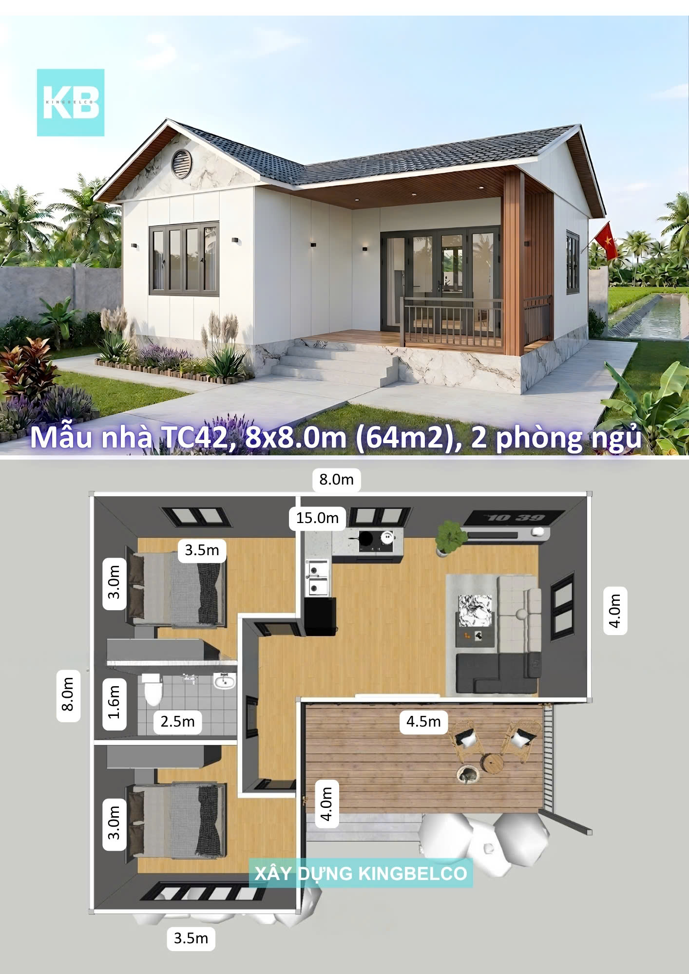 Mẫu TC42 – Nhà panel 8.0x8.m | 2 phòng ngủ, nhà mái thái nhỏ gọn
