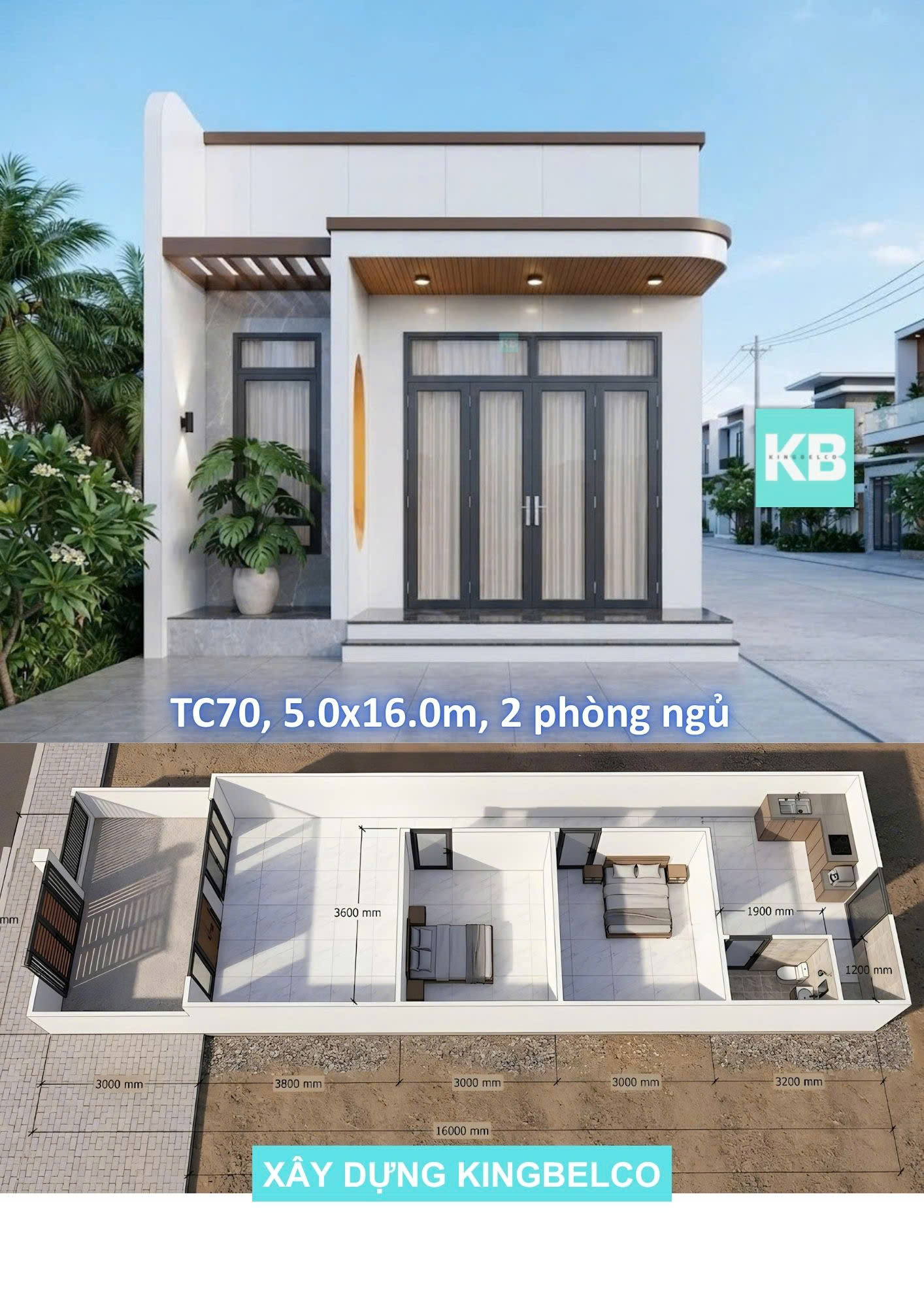 Mẫu TC70– Nhà panel 5x16m | bao gồm sân trước, mẫu 2 phòng ngủ