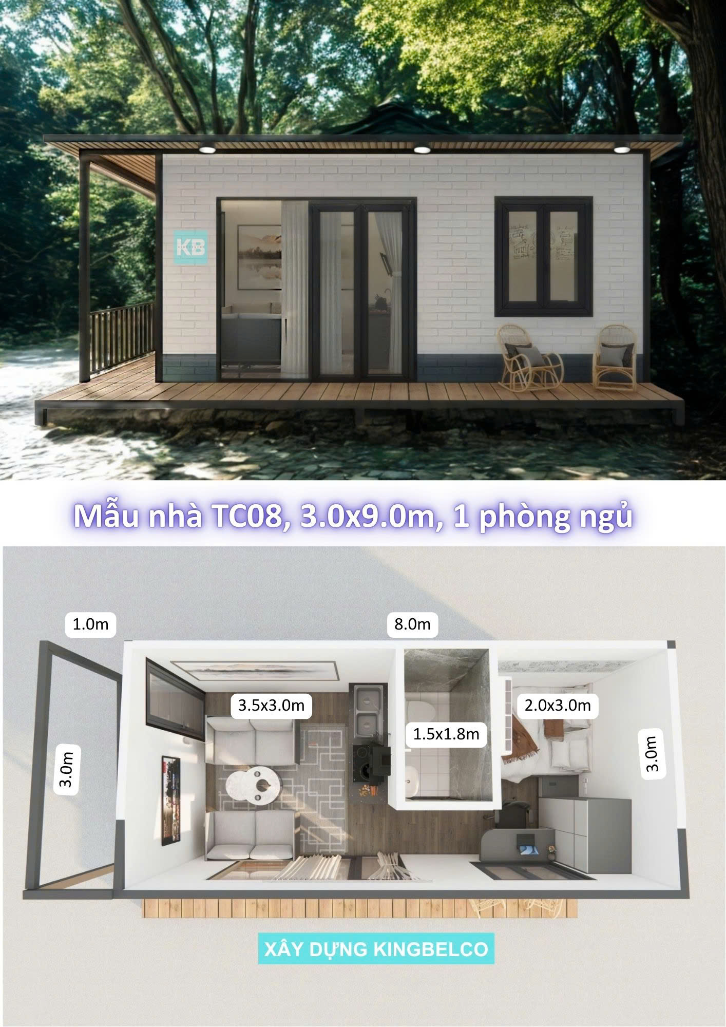 Mẫu TC08 – Nhà panel 3.0x9.0m | 1 phòng ngủ, nhà mái thái nhỏ gọn
