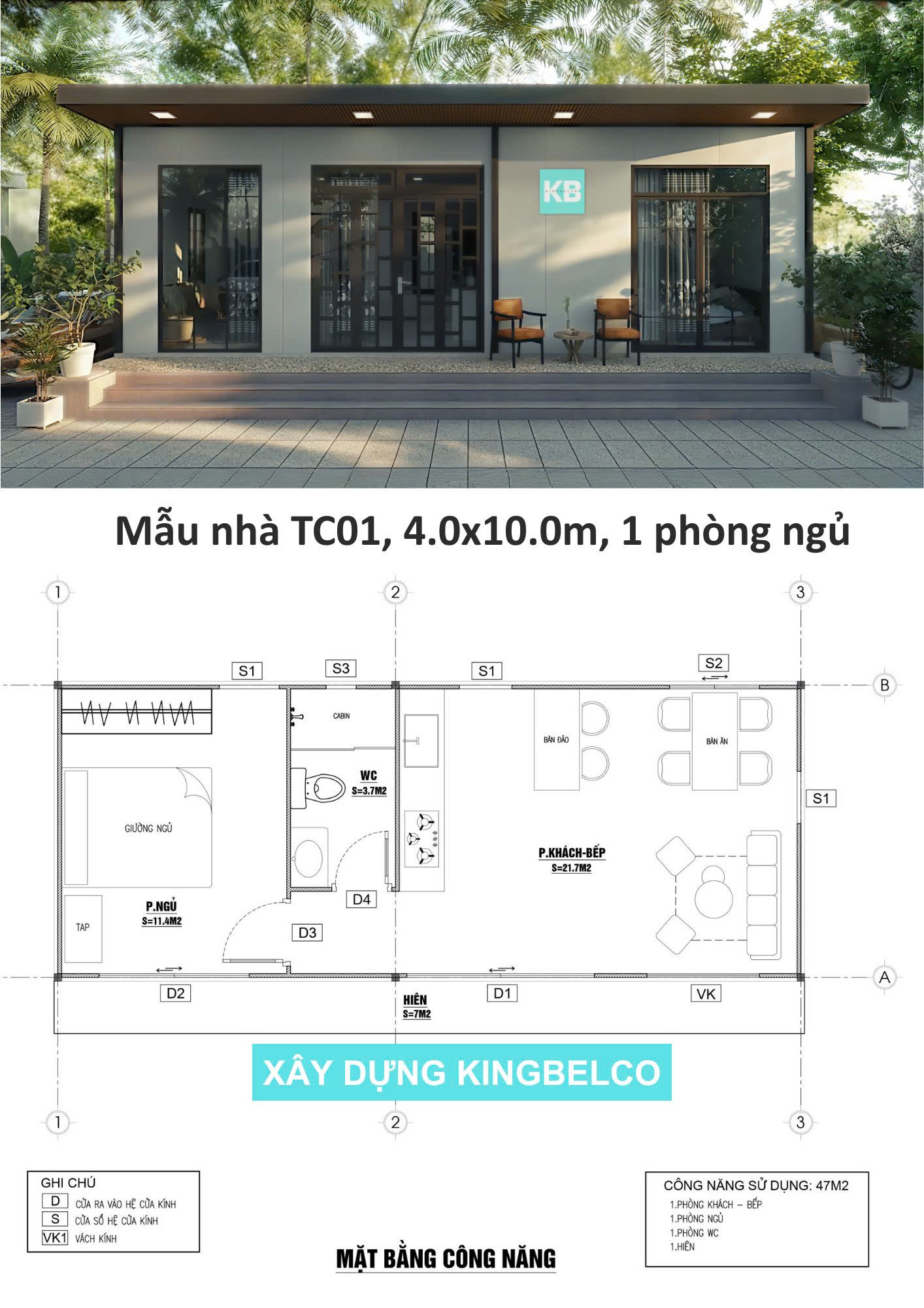 Mẫu TC01 – Nhà panel 4.0x10.0m | 1 phòng ngủ, nhà mái dốc nhỏ gọn