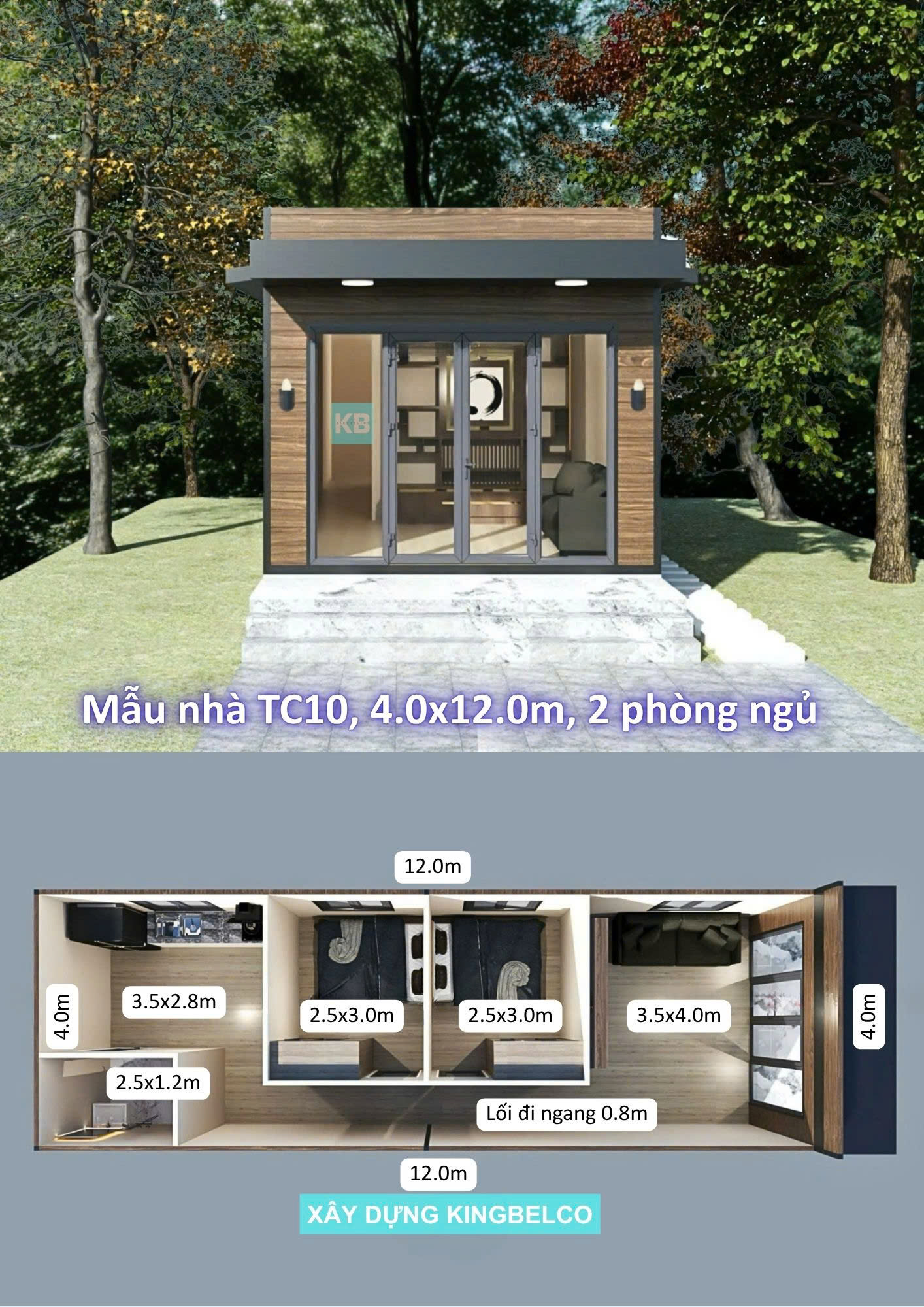 Mẫu TC10 – Nhà panel 4.0x12.0m | 2 phòng ngủ, nhà mái dốc nhỏ gọn