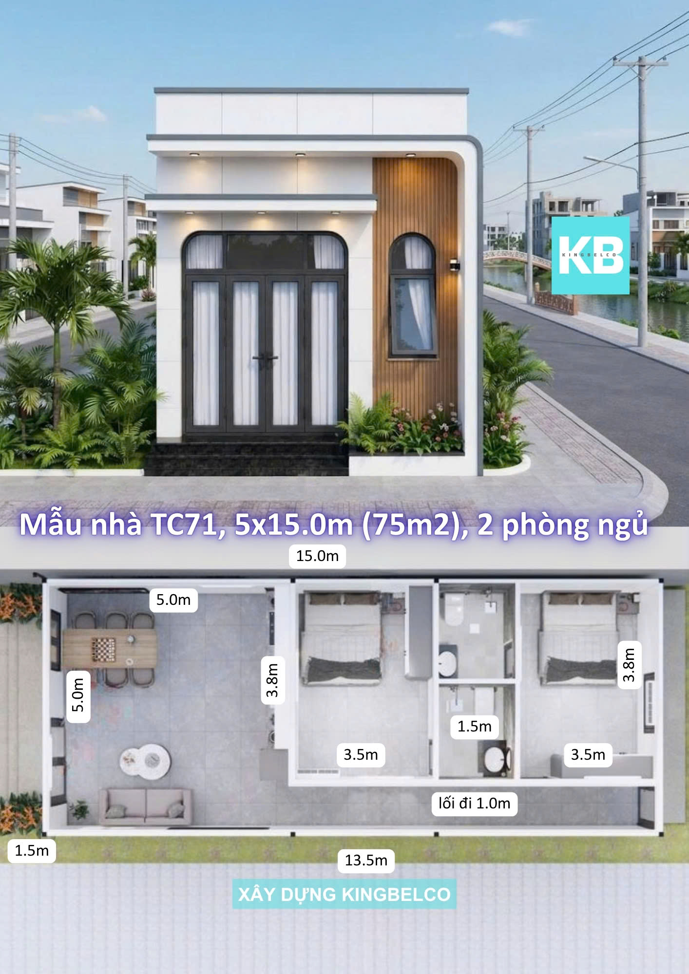 Mẫu TC71-nhà panel 5.0x15.0m | 2 phòng ngủ thiết kế đơn giản hiện đại