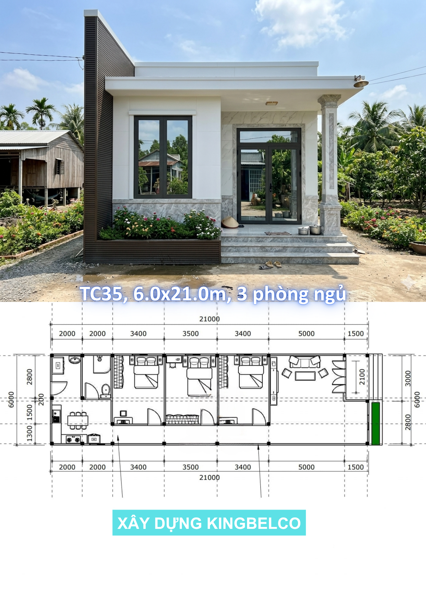 Mẫu TC35 Diện tích 6x21m, 1 phòng khách, 3 phòng ngủ, 1 bếp nấu ăn+1WC