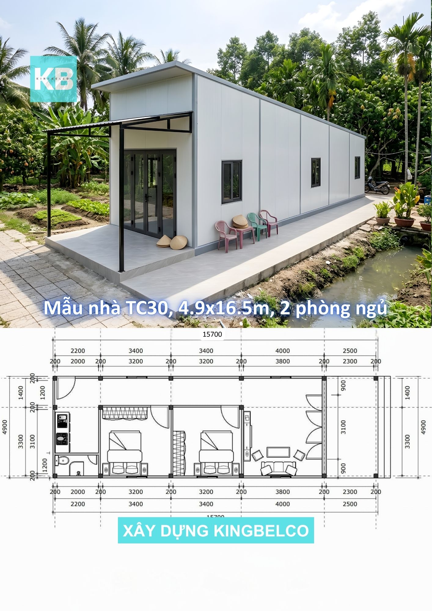 Mẫu TC30 – Nhà panel 4.9x16.5m | 2 phòng ngủ, nhà đơn giản tiện nghi