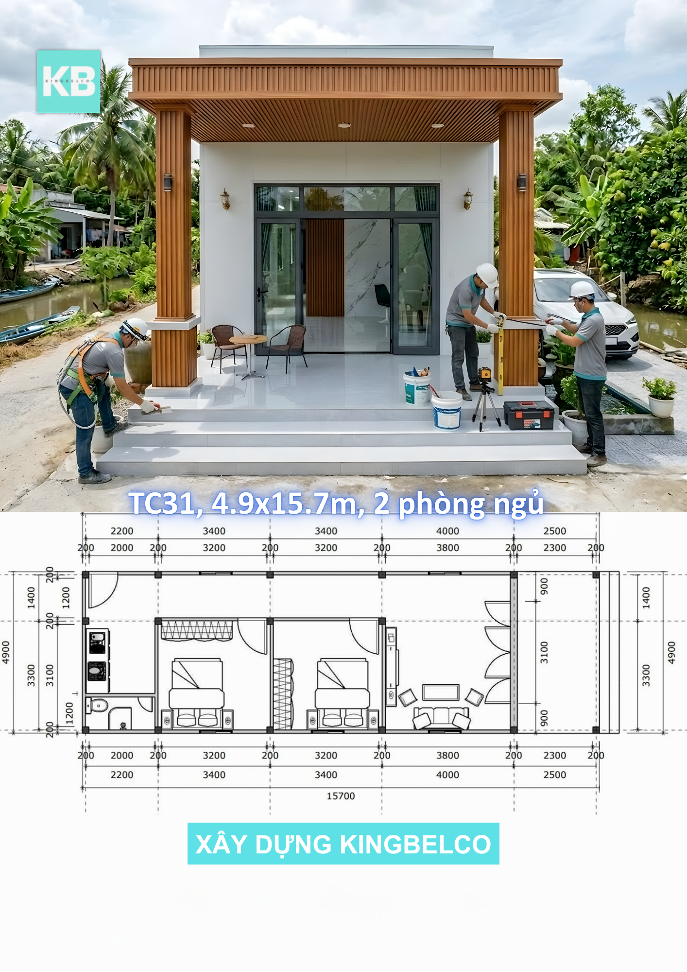 Mẫu TC31 – Nhà panel 4.9mx15.7m | 2 phòng ngủ, phong cách truyền thống