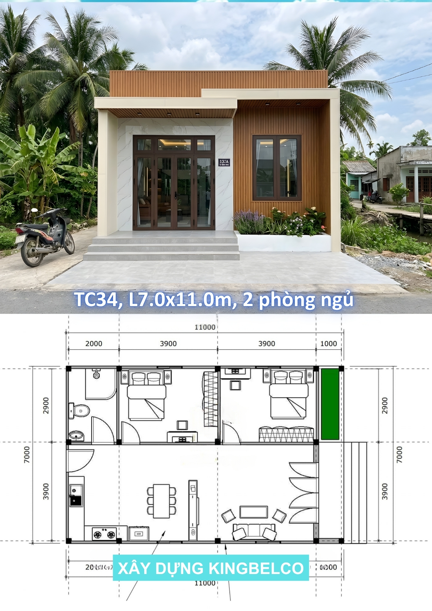 Mẫu TC34 – Nhà panel 7.0mx11.0m | 2 phòng ngủ, nhà hiện đại, xu hướng thiết kế mới