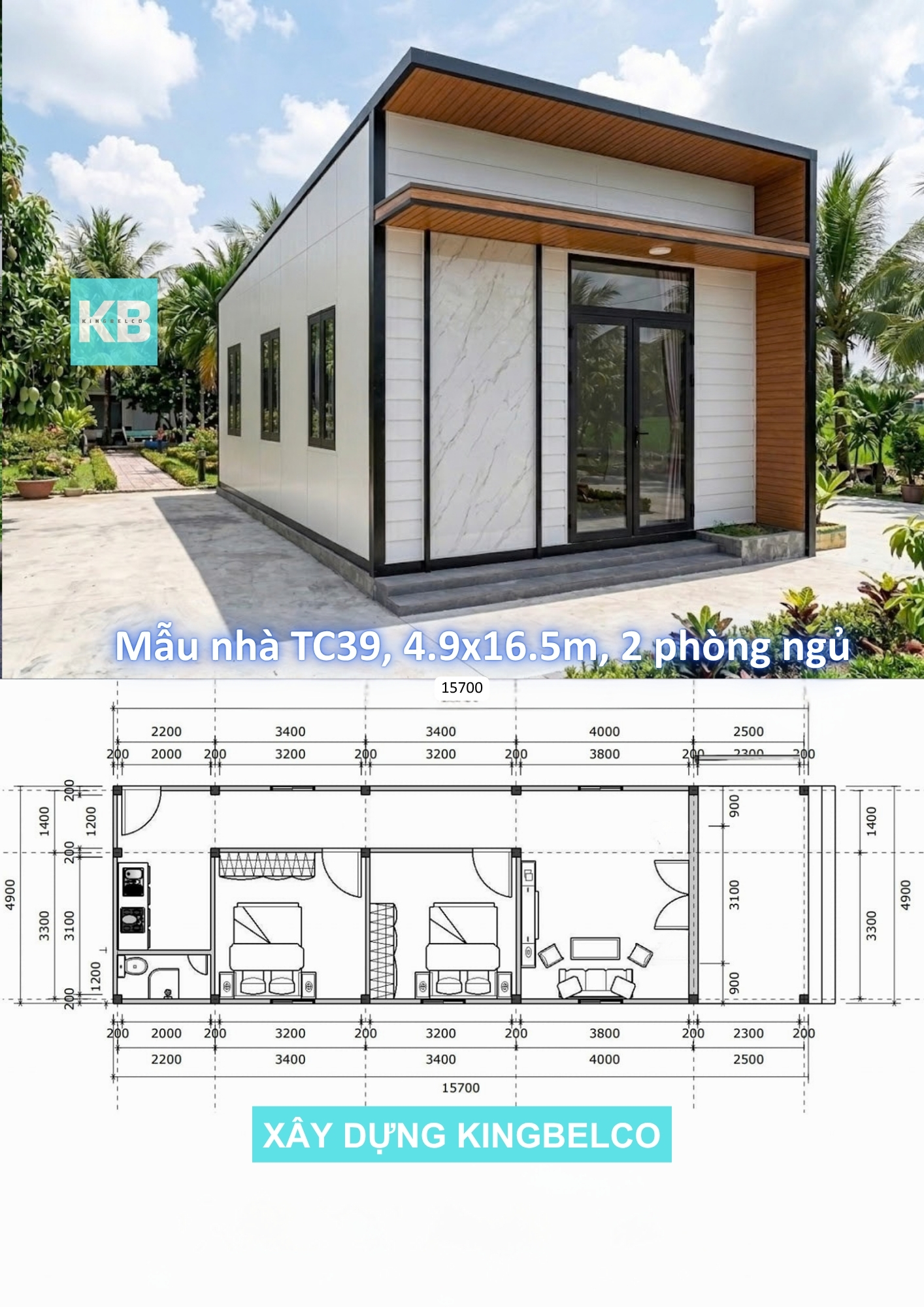 Mẫu TC31 – Nhà panel 4.9x16.5m | 2 phòng ngủ, nhà đơn giản tiện nghi