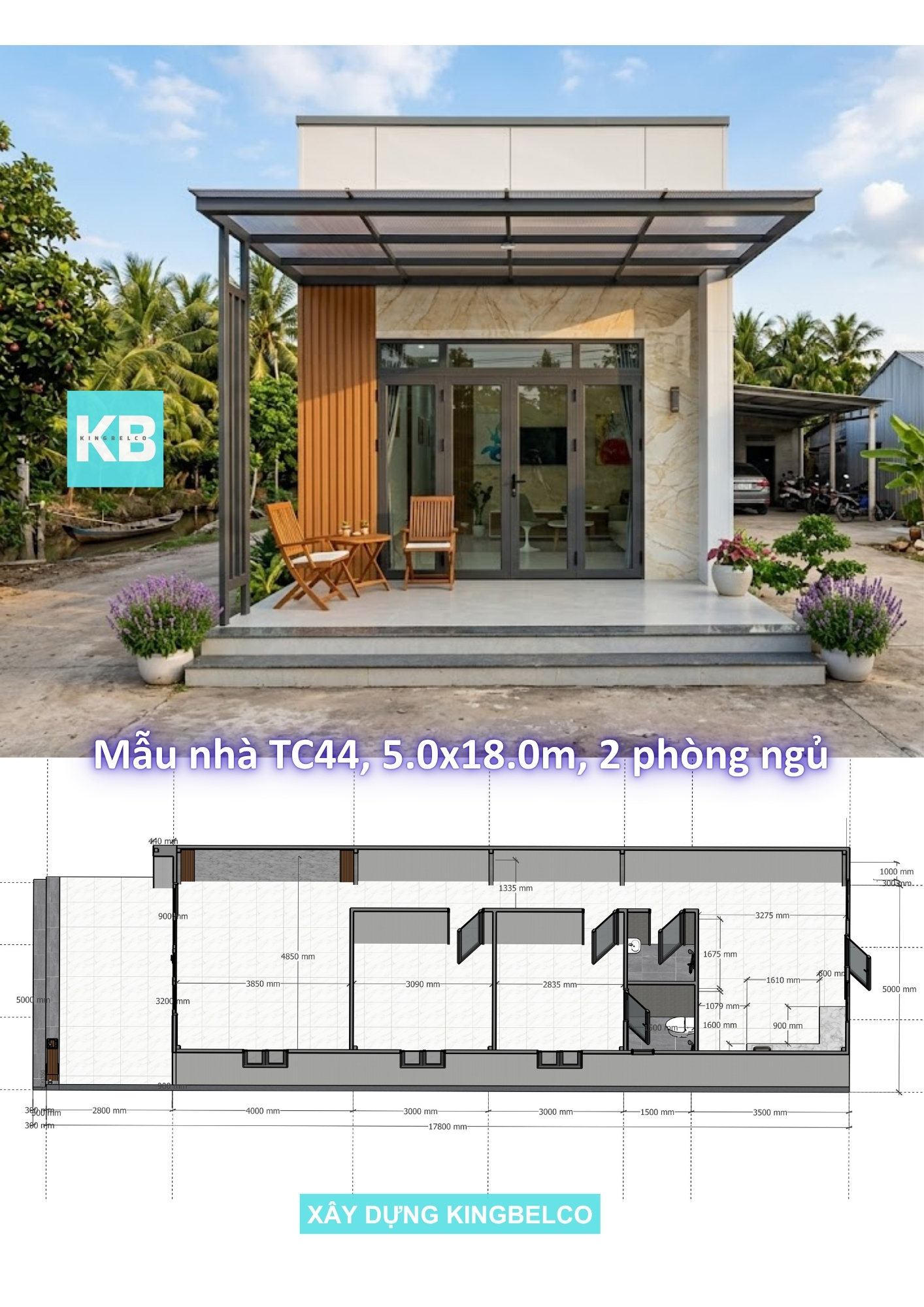 Mẫu TC44 – Nhà panel 5.0mx18.0m | 2 phòng ngủ, nhà truyền thống hiện đại