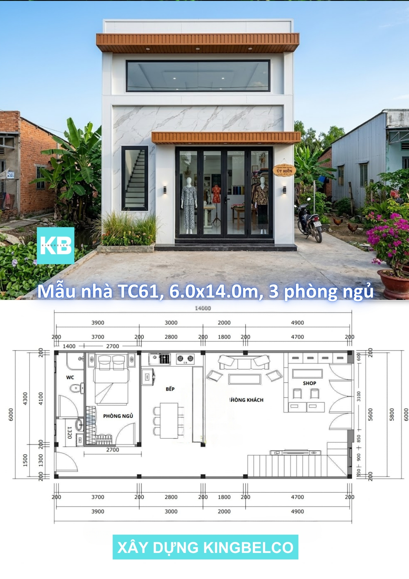 Mẫu TC61 – Nhà panel có gác lửng 6.0mx14.0m | 3 phòng ngủ, nhà hiện đại