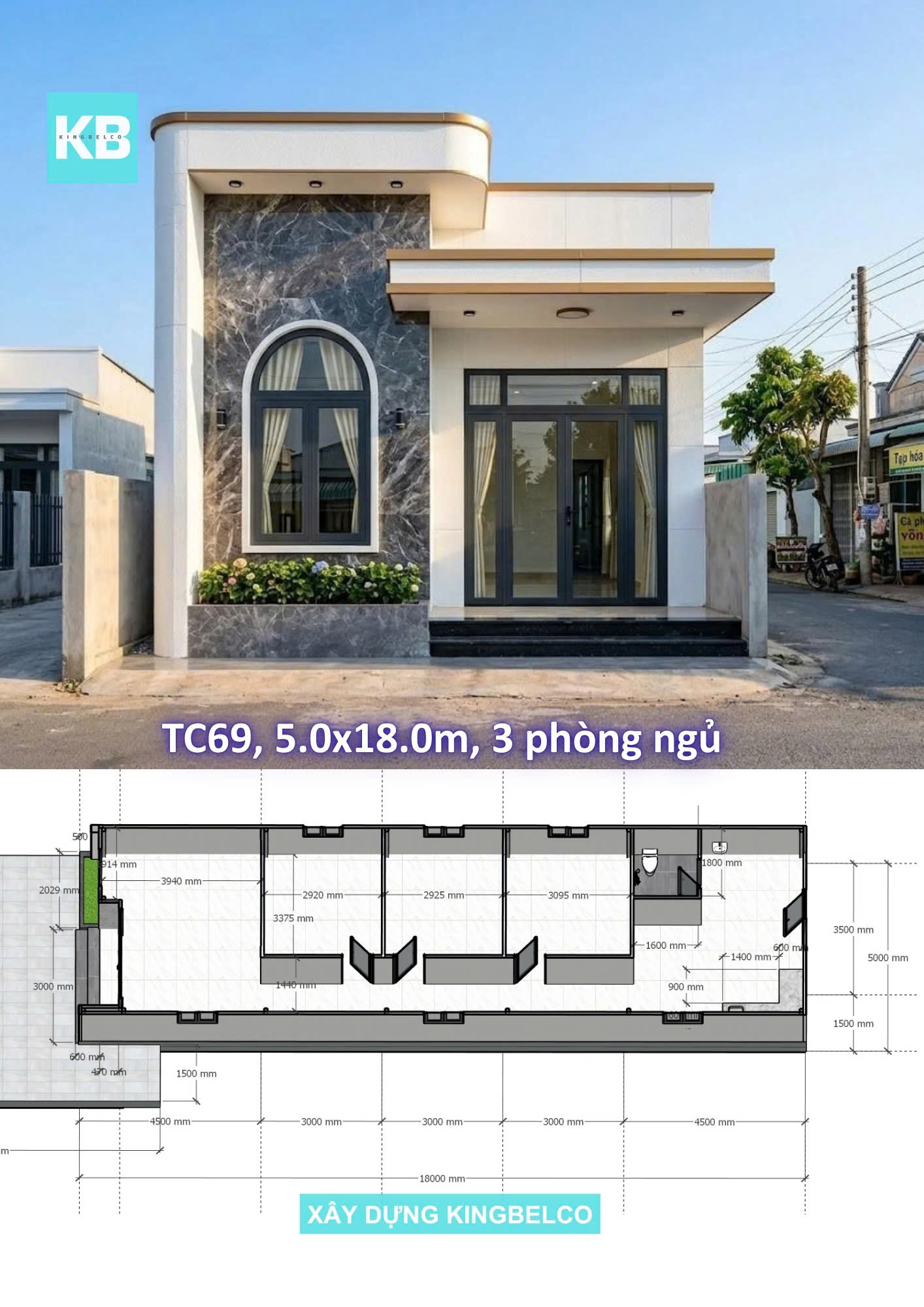Mẫu TC68 – Nhà panel 5.0mx18.0m | 3 phòng ngủ, nhà hiện đại mặt thụt - mặt lòi