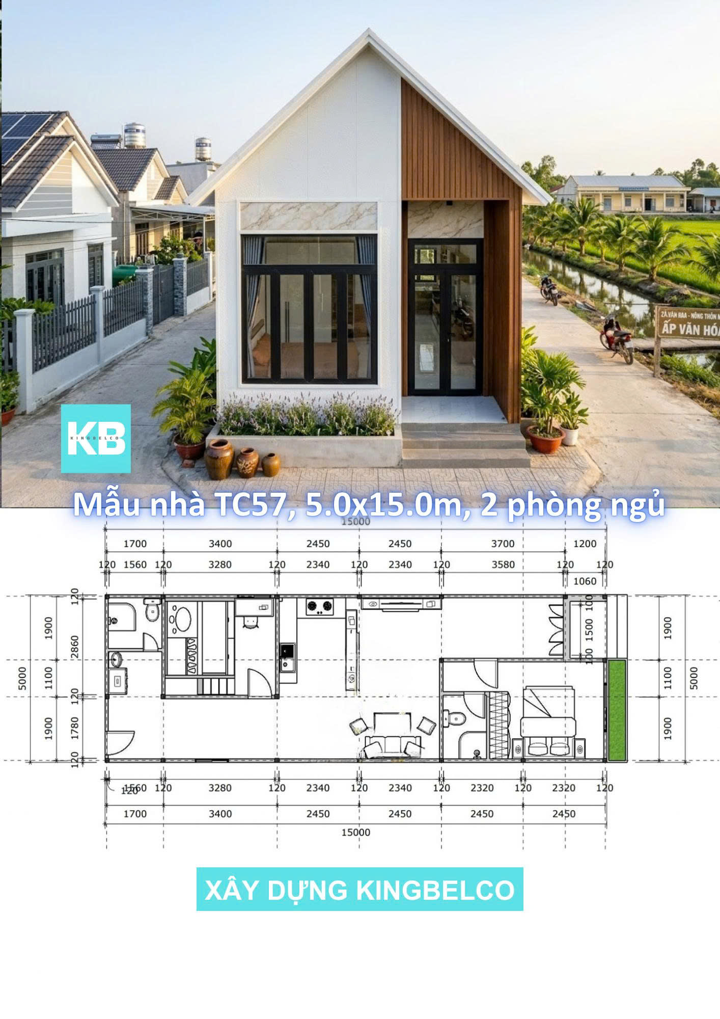 Mẫu TC57 – Nhà panel 5.0x15m | 2 phòng ngủ, nhà mái thái nhỏ gọn