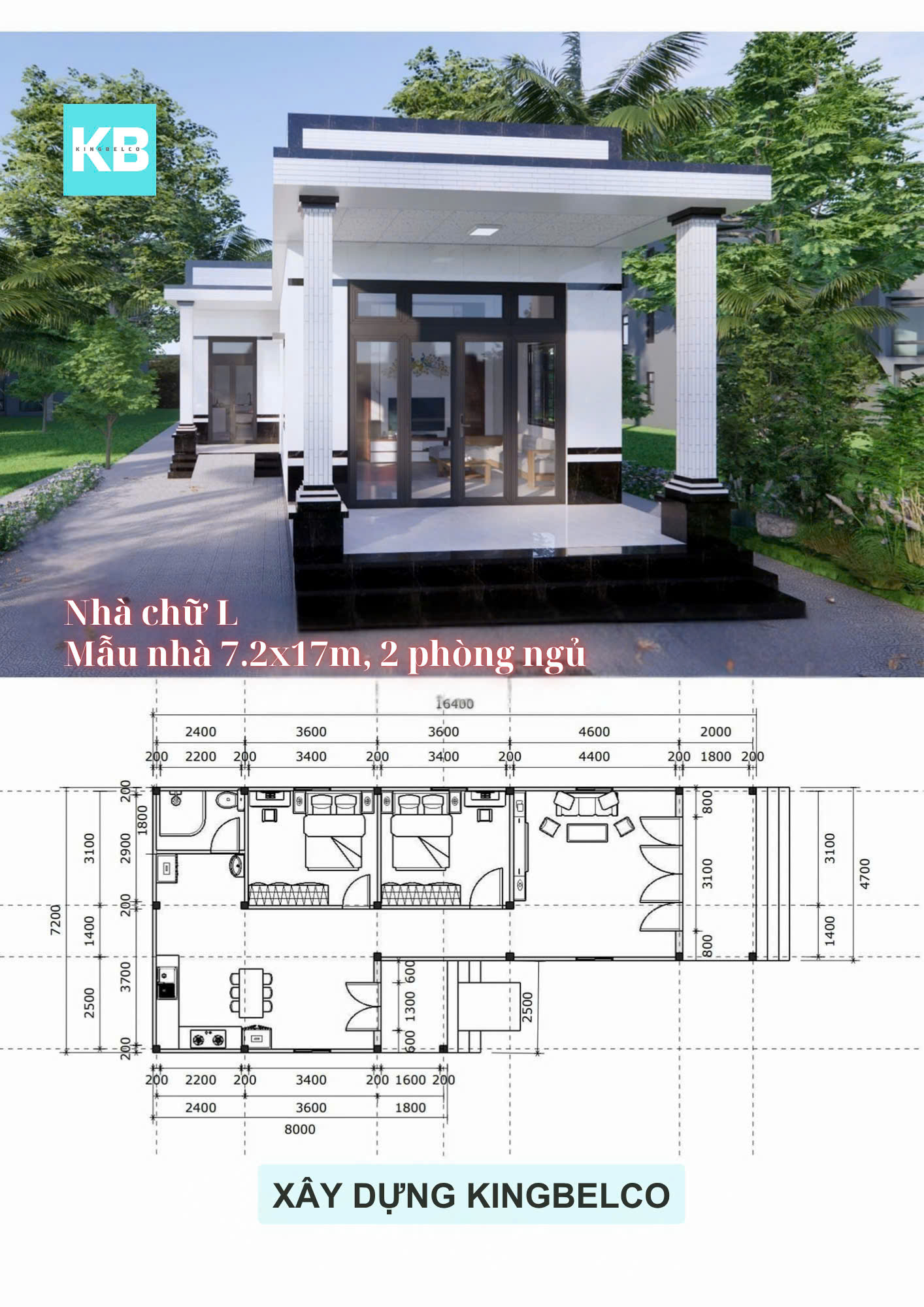 Mẫu nhà L – Nhà panel 7.2x17m | 2 phòng ngủ, nhà mái dốc gần gũi